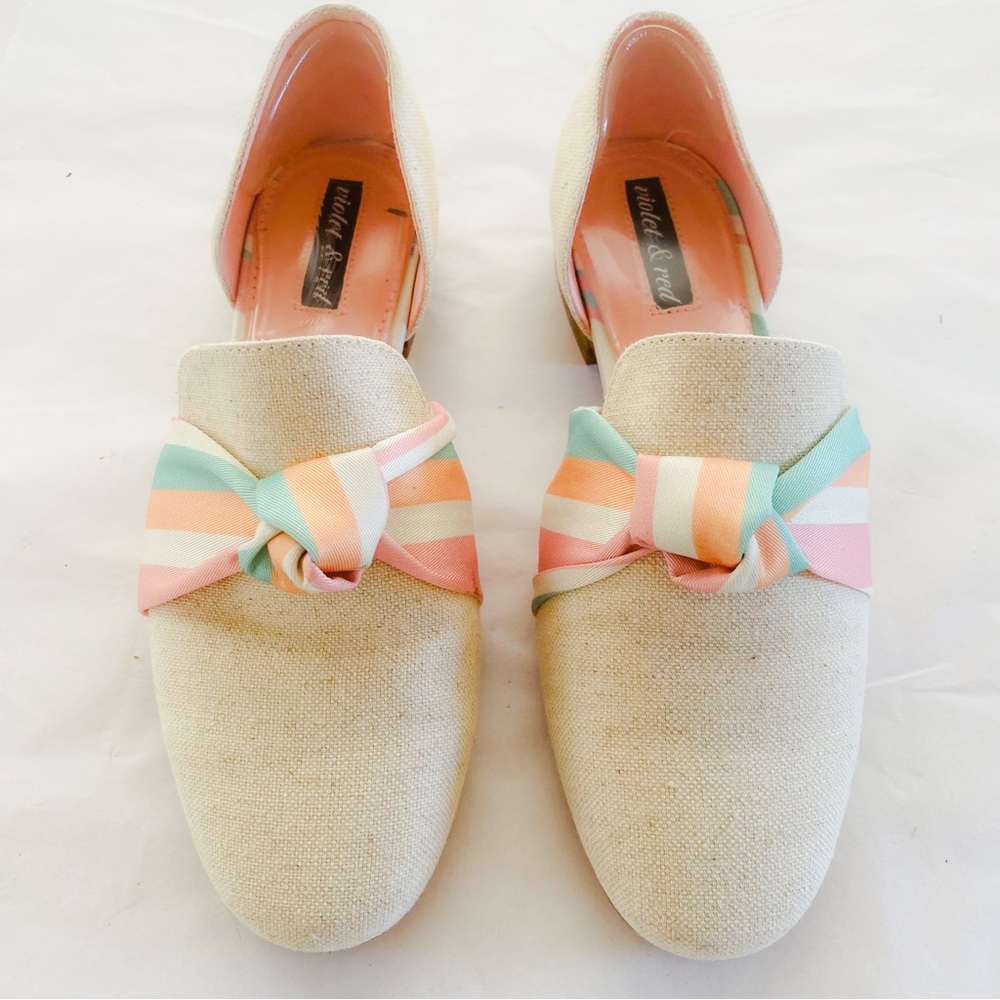Violet & Red Cream Colored Canvas Stripe Accent Bow Detail Slip On Loafer‎ Flats